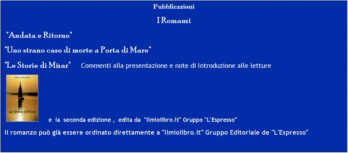 Casella di testo: Pubblicazioni
I Romanzi 
 "Andata e Ritorno"
"Uno strano caso di morte a Porta di Mare"  
"Le Storie di Mizar"     Commenti alla presentazione e note di Introduzione alle letture  
       e  la  seconda edizione ,  edita da  "Ilmiolibro.it" Gruppo "L'Espresso"
il romanzo pu gi essere ordinato direttamente a "Ilmiolibro.it" Gruppo Editoriale de "L'Espresso"
 
